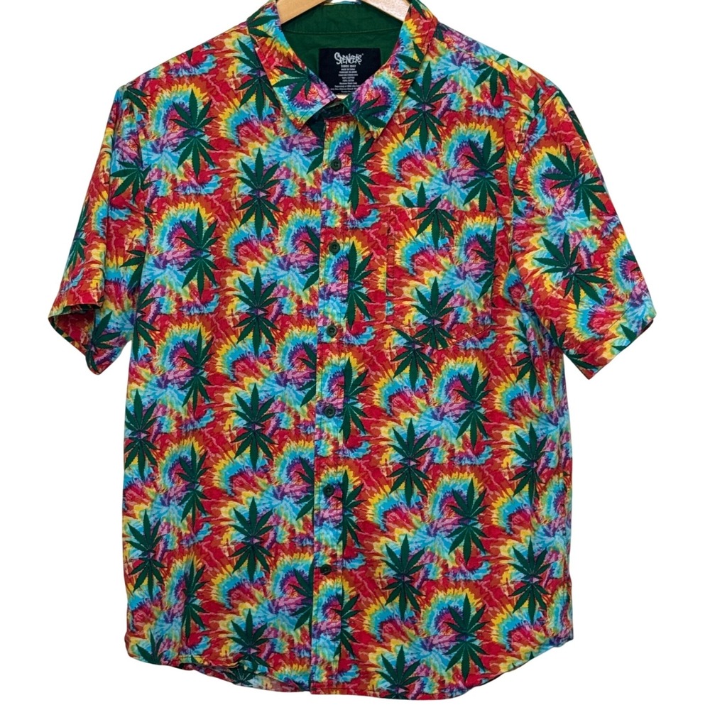 Spencer's Mens Button Down Shirt M Multicolor Tie Dye Cannabis Psychedelic Party